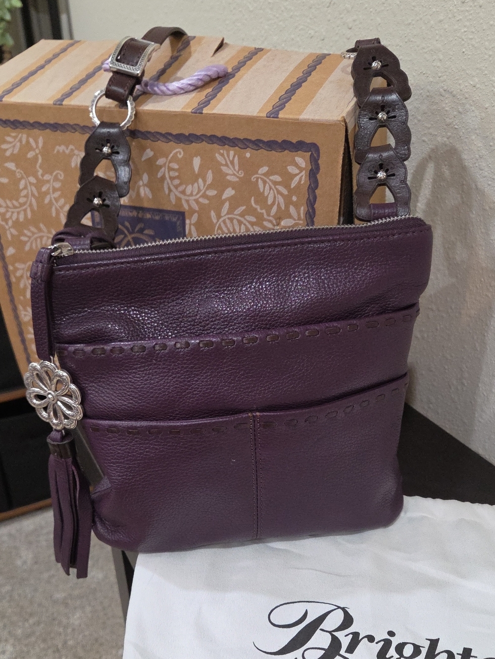 Brighton Plum Leather Crossbody Bag with Tassel And Dust Cover